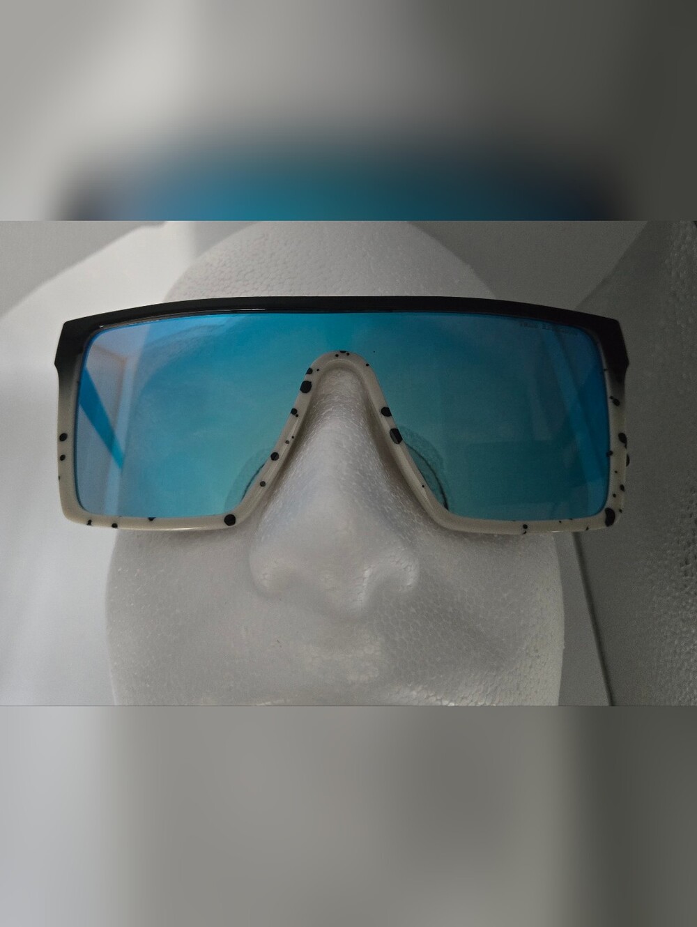 Sunglasses True Religion Unisex Shield Black White Speckle Blue Reflective Logo